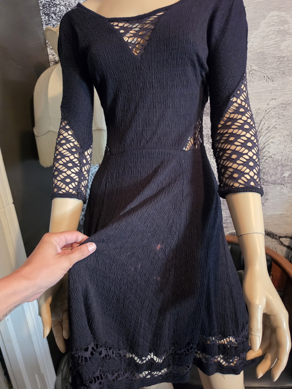 Free People To The Point Black Lace Inset Fit Flare Mini Dress XS - Picture 7 of 7